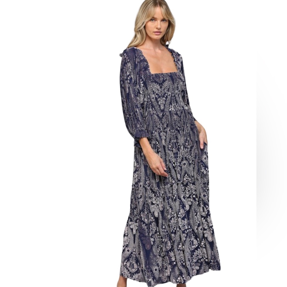 NWT Navy Silver Burnout Velvet Square Neck Smocked Midi Dress